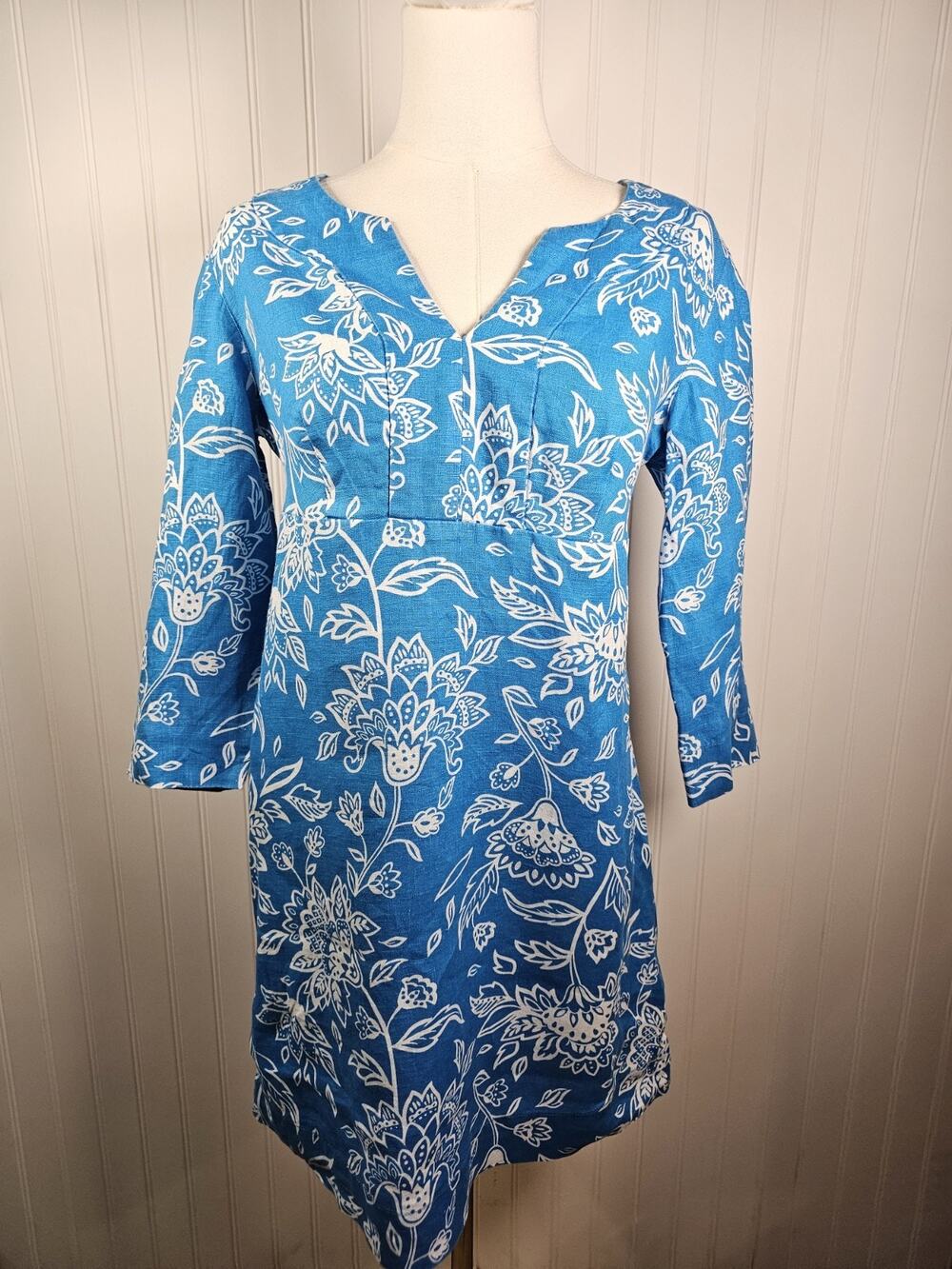 Boden Blue Floral 100% Linen Shift Dress Women's Size 6P Bohemian Beach Resort